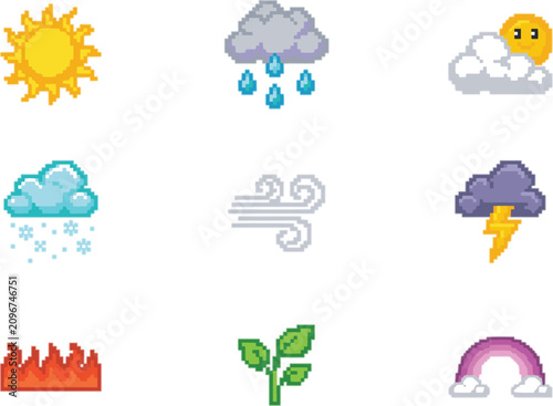 Pixel art weather icons set with retro nature elements