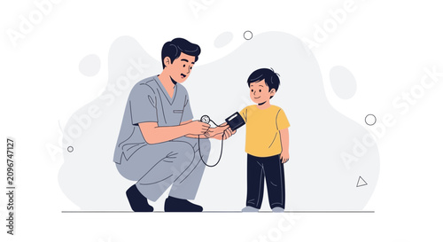 Doctor checking child's blood pressure with sphygmomanometer, vector illustration