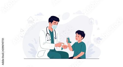 Doctor demonstrates asthma inhaler use to a child in a modern vector illustration style