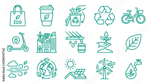 Teal environmental and renewable energy line icon collection.