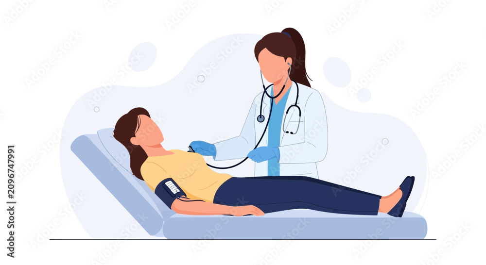 Obraz premium Doctor Examining Patient with Stethoscope and Blood Pressure Cuff - Medical Checkup Illustration