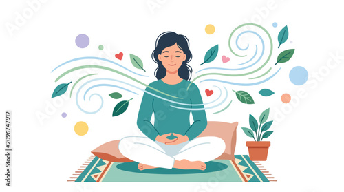 Woman meditating peacefully in a breezy abstract setting.