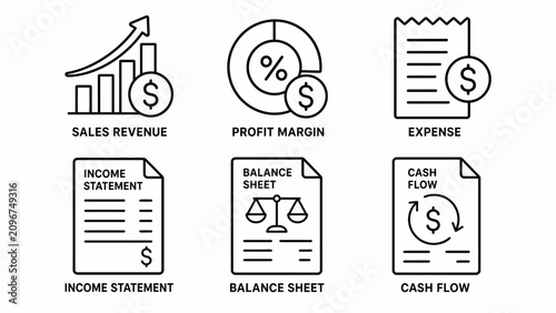 Financial documents icons set income statement balance sheet cash flow.