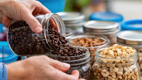 Hands pour roasted coffee beans from glass jar into another container. Open jars of nuts and beans show bulk market shopping and food refilling
