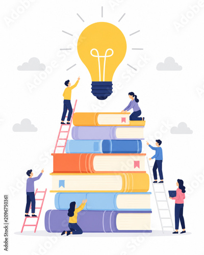 Conceptual vector illustration of people gaining knowledge and innovative ideas through reading