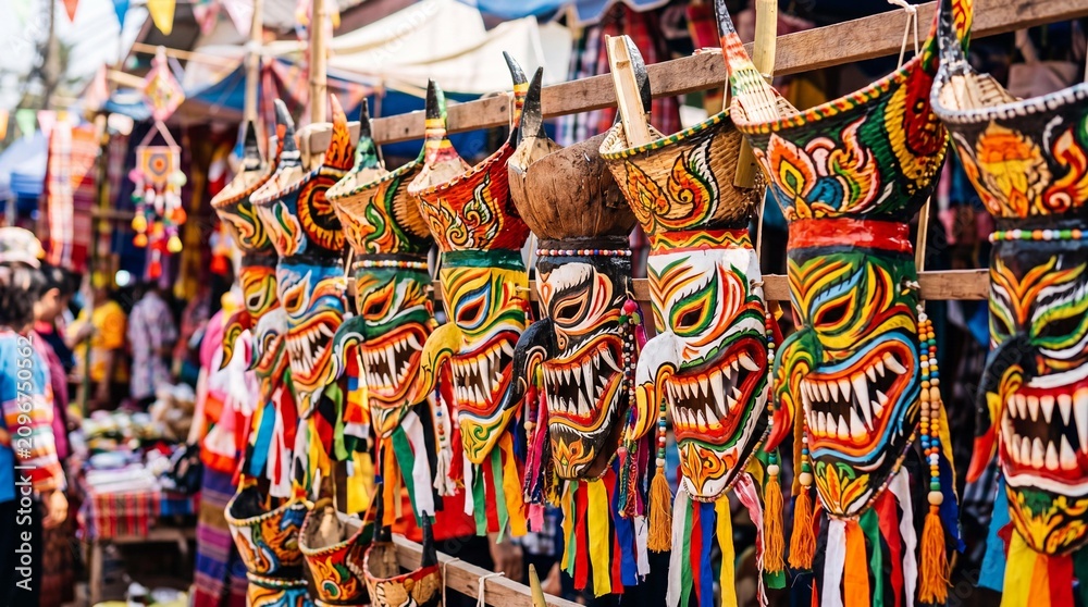 Fototapeta premium Colorful Phi Ta Khon Ghost Masks Displayed at a Local Market in Loei