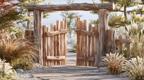 Handcrafted Natural Log Entrance Gate Surrounded by Vertical Grass and Peaceful Scenic Landscape
