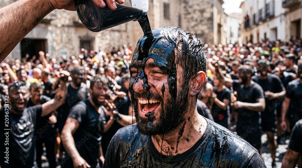 Naklejka premium Man Covered in Black Paint Smiling During Cascamorras Festival in Baza Spain