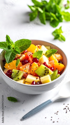 A colorful fruit salad in a white bowl garnished with green mint leaves on a white surface