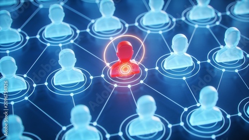 Strategic highlighting of a central individual in a dynamic virtual network, symbolizing critical data points, influential figures, or potential vulnerabilities in a connected system