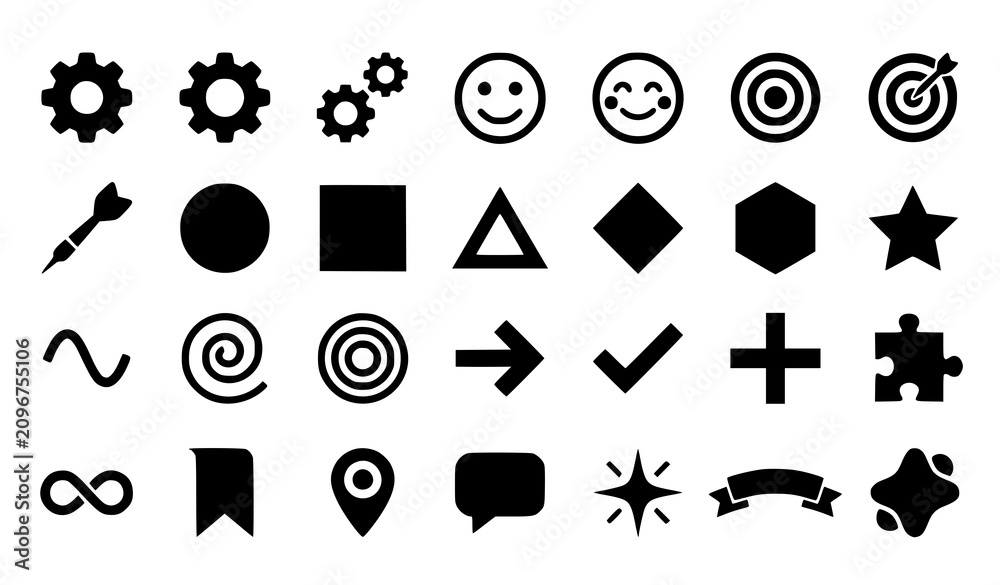 Fototapeta premium Minimal bold geometric vector icon set featuring gears smiles targets and abstract symbols for modern graphic design isolated on white background