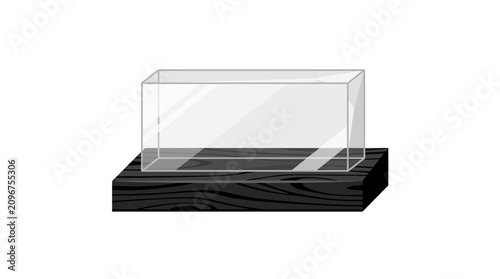 Empty glass display box on dark wooden base vector