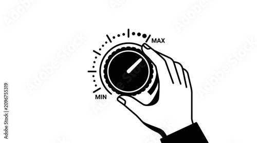 Hand adjusting circular dial knob from minimum to maximum level