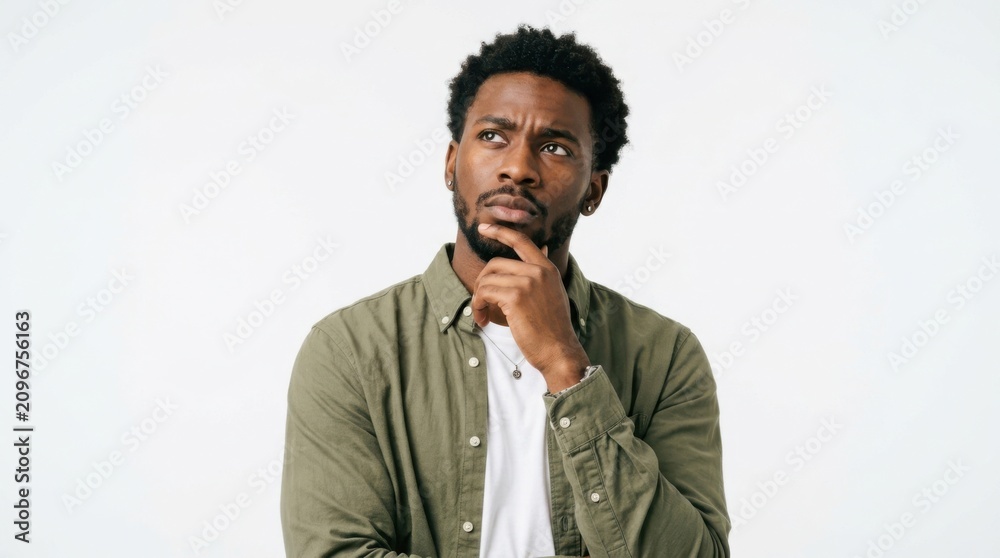 Obraz premium A young black man wearing a green shirt looking up and thinking with his hand on his chin against a plain background