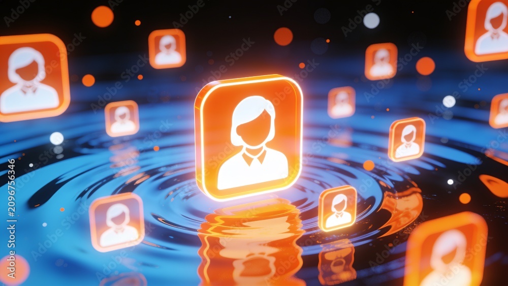 Fototapeta premium A digital illustration of glowing icons depicting people rippling through water.