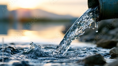 Close View of Untreated Industrial Effluent Flowing from a Pipe into a Body of Water