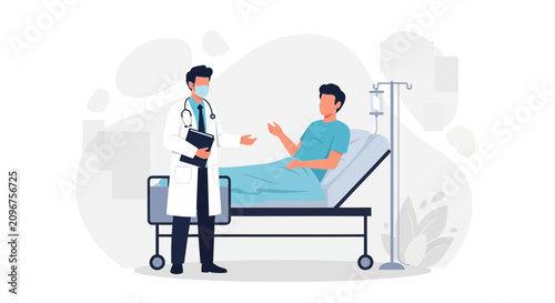 Doctor talking to patient in hospital bed with IV drip, modern flat vector illustration