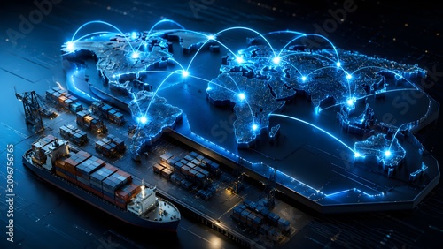 Global logistics network seamlessly connected by glowing lines across a digital world map, showcasing international cargo shipping at a port.