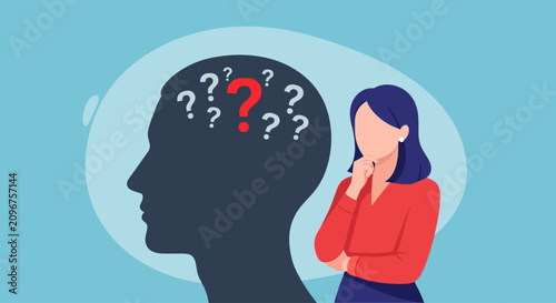 Bild auf Leinwand Confused woman, question marks, thinking face, problem solving, puzzled person,