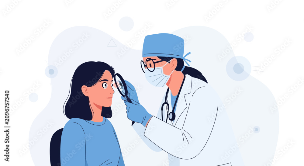 Fototapeta premium Ophthalmologist Examines Patient's Eye with Magnifying Glass - Medical Illustration