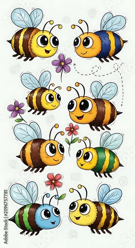 A colorful illustration of six cartoon bees and four flowers