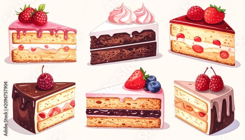 A colorful illustration of six cake slices with various toppings and fillings