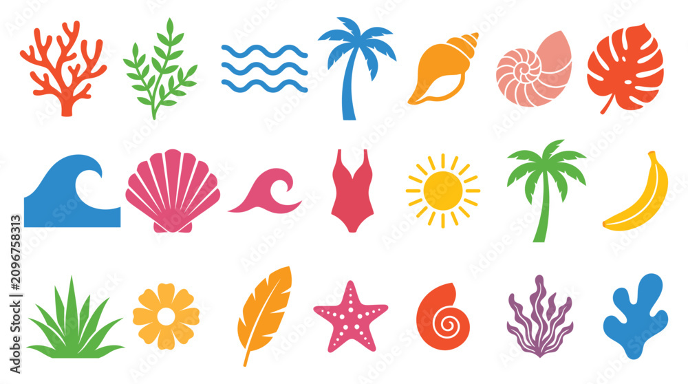 Fototapeta premium Tropical beach icon set. Colorful flat design symbols featuring coral, wave, palm tree, seashell, swimsuit, sun, banana and starfish for summer holiday graphic design.