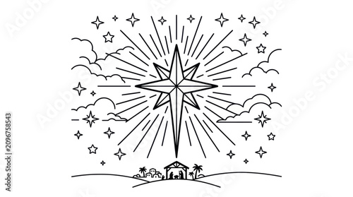 Fotografía Line art of Star of Bethlehem over Nativity scene.