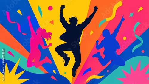 Energetic Party Silhouettes With Bunting And Abstract Circles