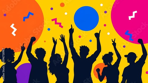 Leaping Celebration Silhouettes In Bold Colorful Pop Art Scene