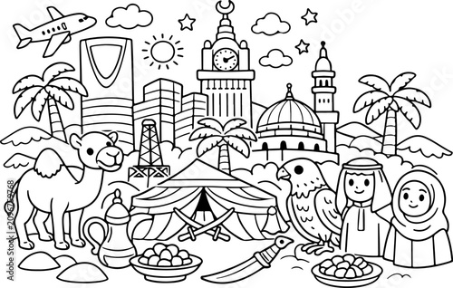 Königreich Saudi-Arabien, KSA: Umrisse von Wahrzeichen als handgezeichnete Linienkunst-Illustration – Malvorlage für Kinder