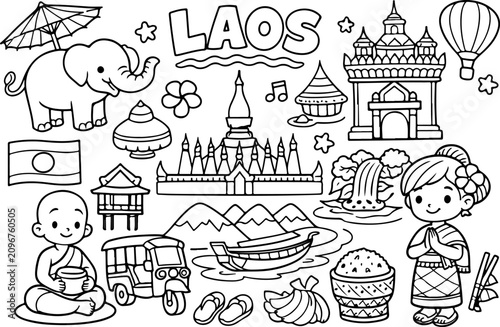 Laos Wahrzeichen Cartoon Umriss handgezeichnete Line Art Illustration Doodle Art Malseite für Kinder