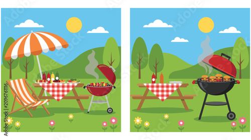 Barbecue party illustrations with grilling burgers and picnic tables set up.