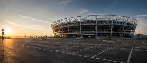 Stadium Exterior Casts Long Shadow Across Empty Parking Lot in Dramatic Wide Architectural Photography Scene