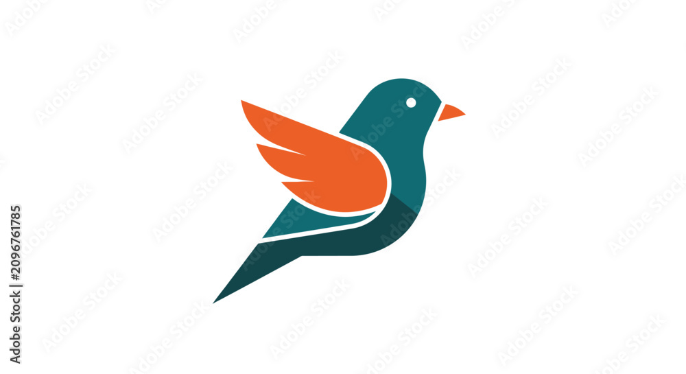 Fototapeta premium Stylized modern bird logo design featuring a vibrant teal body and a contrasting orange wing, symbolizing freedom and nature in a clean vector graphic