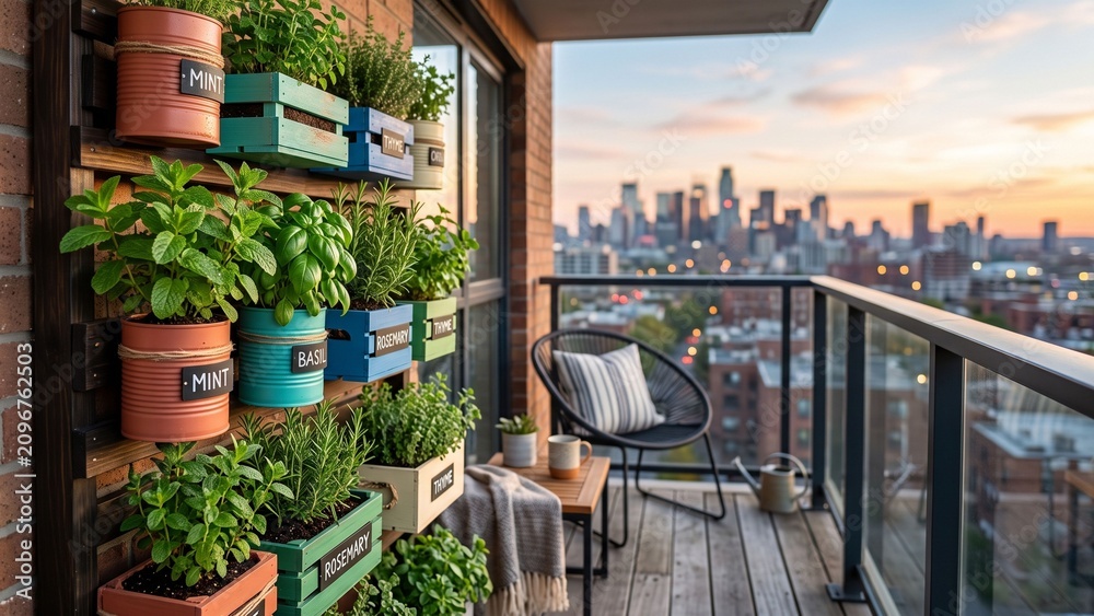 Obraz premium Modern vertical herb garden on urban apartment balcony at sunrise