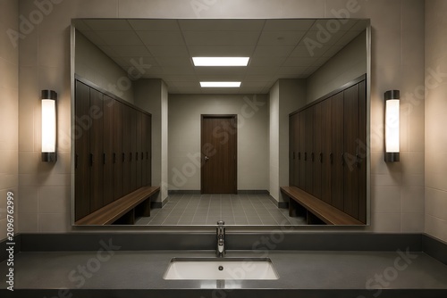 Locker Room Mirror Reflects Empty Doorway in Perfect Symmetrical Interior Photography Scene Composition Design Visual