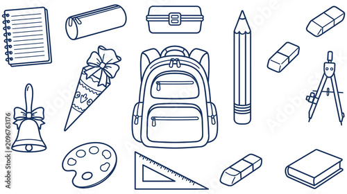 Hand drawn school supplies in outline style for back to school.