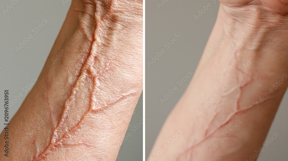Fototapeta premium Split frame showing bulging forearm veins versus smooth skin after phlebectomy. Concept of forearm vein treatment.