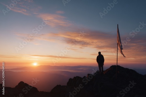 Mountain summit at sunrise with lone heroine and flag for adventure banner and inspirational background design