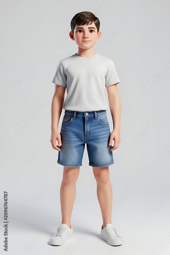 Obraz premium Young boy standing wearing white t-shirt and blue denim shorts