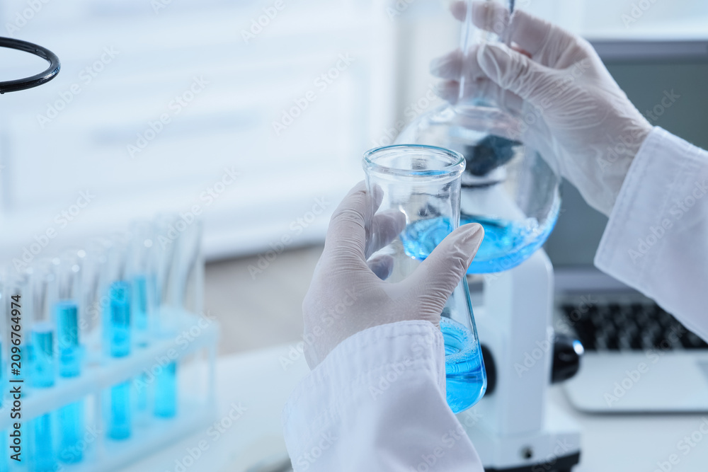 Obraz premium Scientist in white lab coat and gloves holding two beakers with blue liquid in a laboratory setting, the scene takes place in a modern laboratory, with additional test tubes in a rack