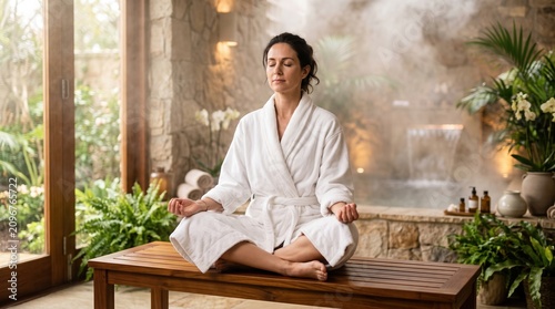 Relaxed woman wearing a white bathrobe sitting by a steaming thermal pool or hot tub at a luxury spa