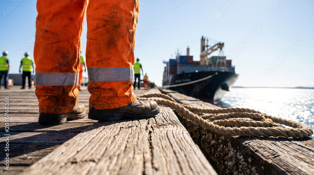 Obraz premium Dock worker standing on a wooden pier with a large cargo ship in the background at a busy industrial port facility