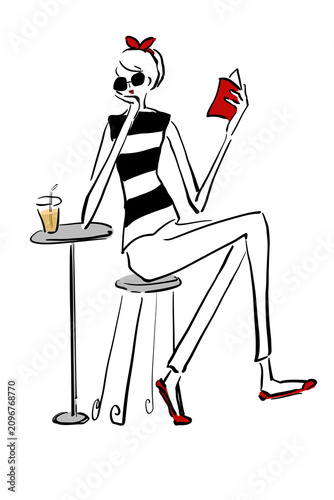 Title: Stylish Woman Reading with Ginger Ale - Fashion Line Art Illustration
