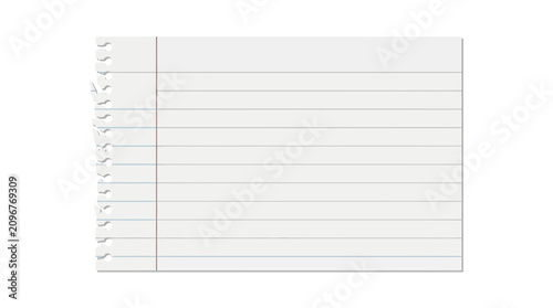 Blank lined notebook paper with torn edge on white background