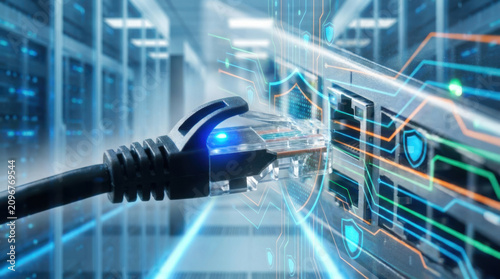 Network cable plugged into port with digital security shield icons, representing data protection and cybersecurity server room