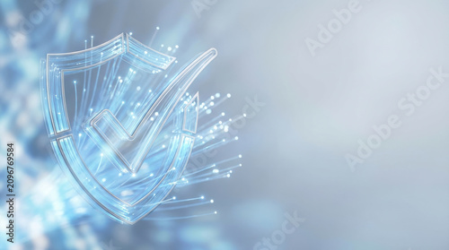 Digital shield with check mark symbol glowing with fiber optic light effect, representing security and protection concept