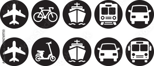 Obraz na płótnie Transportation symbols, standard vehicle icons in black circles, public transit and travel signs for road, rail, air, and marine transport, vector illustration