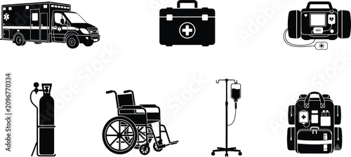 Foto Emergency medical equipment and first aid ambulance service black silhouette vec
